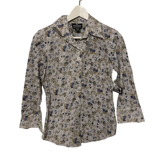 NWT Angie Womens Floral Striped Button-Up Shirt S 100% Cotton Long Sleeves With - Picture 1 of 8